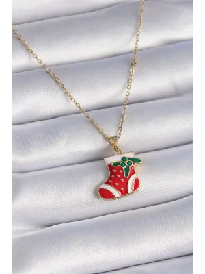  Altın  Zincir Yılbaşı Temalı Kırmızı Noel Çorabı Figür  Çelik Kolye