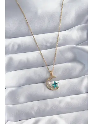  Altın  Zincir Zirkon Taş Detay Hilal Yıldızı Figür  Çelik Kolye