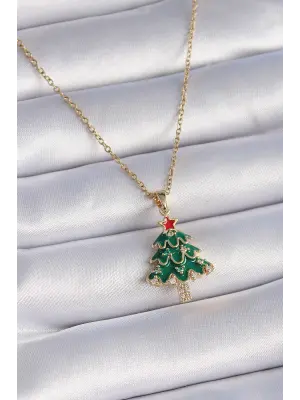  Altın  Zincir Zirkon Taş Detay Yılbaşı Temalı Yeşil Çam Ağacı Figür  Çelik Kolye