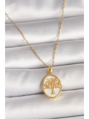 316L Çelik Gold Renk Zincir Zirkon Taş Detaylı Beyaz Mineli Ağaç İşlemeli Portre Model Kadın Kolye