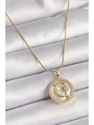  Altın  Zincir Zirkon Taş Detaylı Beyaz Sedefli Ay Yıldız Model  Çelik Kolye