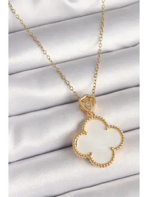 316L Çelik Gold Renk Zincir Zirkon Taş Detaylı Beyaza Yonca Model Kadın Kolye
