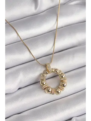  Altın  Zincir Zirkon Taş Detaylı Bombeli Halka Model  Çelik Kolye