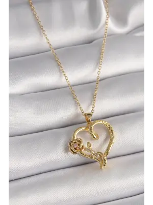  Altın  Zincir Zirkon Taş Detaylı Kalp Figür Gül Detay  Çelik Kolye