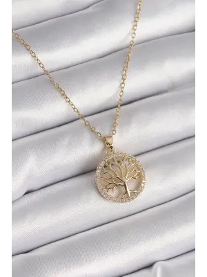  Altın  Zincir Zirkon Taş Detaylı Yaşam Ağacı Model  Çelik Kolye