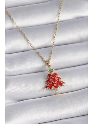  Altın  Zincir Zirkon Taş Detaylı Yılbaşı Temalı Kırmızı Çam Ağacı Figür  Çelik Kolye