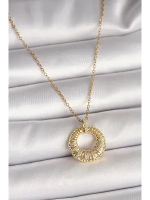 316L Çelik Gold Renk Zincir Zirkon Taş İşlemeli Daire Model Kadın Kolye