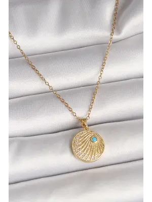 316L Çelik Gold Renk Zincir Zirkon Taş İşlemeli Mavi Taş Detaylı Madalyon Model Kadın Kolye