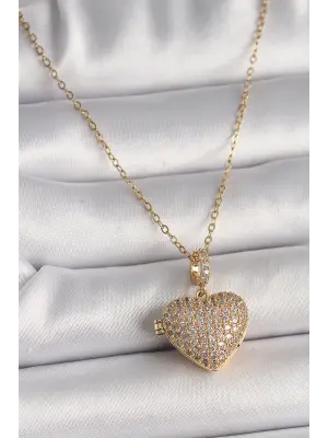 Altın  Zincir Zirkon Taşlı Açılır Kalp Model  Çelik Kolye