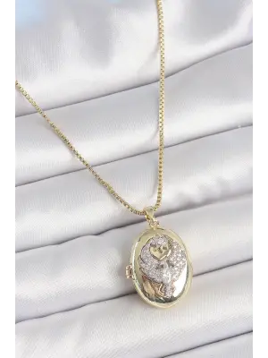 316L Çelik Gold Renk Zincir Zirkon Taşlı Anka Kuşu İşlemeli Açılır Model Kadın Kolye