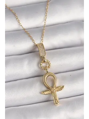  Altın  Zincir Zirkon Taşlı Ankh Model  Çelik Kolye