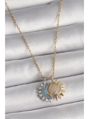  Altın  Zincir Zirkon Taşlı Ay Güneş Model  Charm Çelik Kolye