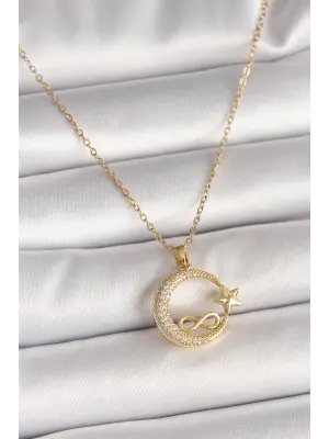 316L Çelik Gold Renk Zincir Zirkon Taşlı Ay Yıldız Model Sonsuzluk Detay Kadın Kolye
