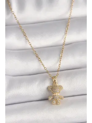  Altın  Zincir Zirkon Taşlı Ayıcık Figür  Çelik Kolye