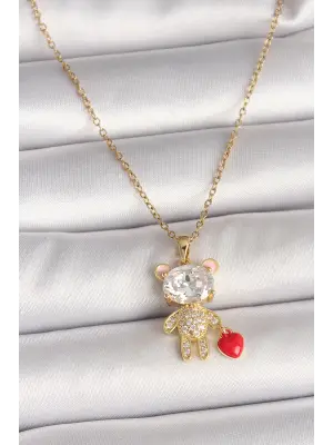 316L Çelik Gold Renk Zincir Zirkon Taşlı Ayıcık Model Kırmızı Kalp Detay Kadın Kolye