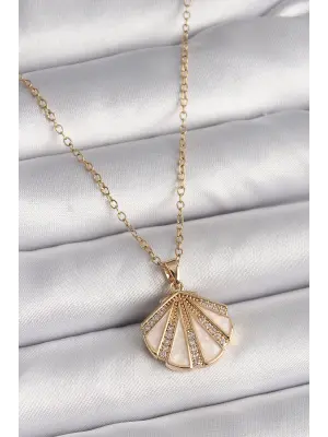  Altın  Zincir Zirkon Taşlı Beyaz Mineli Deniz Kabuğu Model  Çelik Kolye