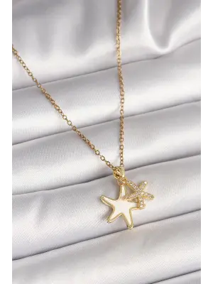 316L Çelik Gold Renk Zincir Zirkon Taşlı Beyaz Mineli Deniz Yıldızı Model Kadın Kolye