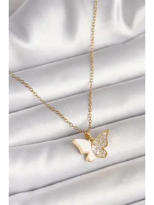 316L Çelik Gold Renk Zincir Zirkon Taşlı Beyaz Mineli Kelebek Model Kadın Kolye