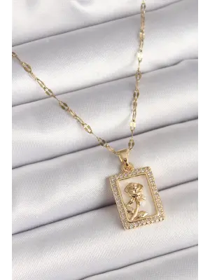 316L Çelik Gold Renk Zincir Zirkon Taşlı Beyaz Sedefli Portre Model Kadın Kolye