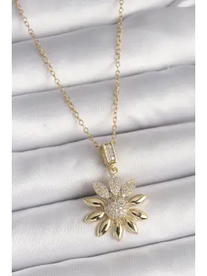  Altın  Zincir Zirkon Taşlı Çiçek Model  Çelik Kolye