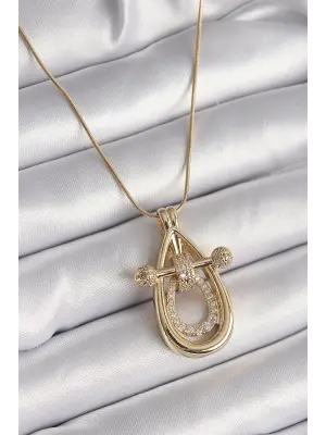  Altın  Zincir Zirkon Taşlı Damla Model  Çelik Kolye