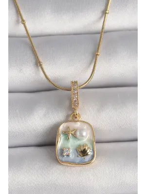  Altın  Zincir Zirkon Taşlı Deniz Yıldızı İstiridye Figür  Çelik Kolye