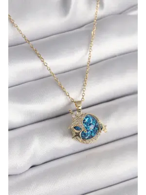  Altın  Zincir Zirkon Taşlı Detaylı Mavi Simli Gezegen Model Yıldız Detay  Çelik Kolye