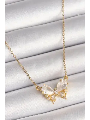  Altın  Zincir Zirkon Taşlı Fiyonk Model  Çelik Kolye