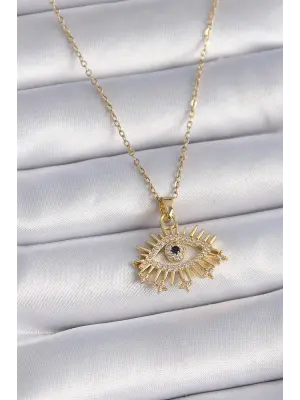  Altın  Zincir Zirkon Taşlı Göz Figür  Çelik Kolye