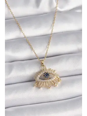  Altın  Zincir Zirkon Taşlı Göz Model  Çelik Kolye