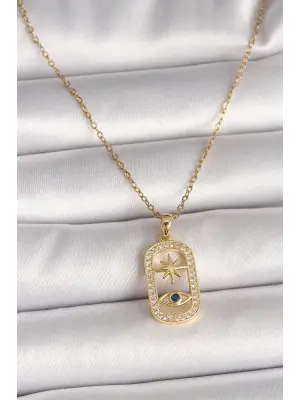 316L Çelik Gold Renk Zincir Zirkon Taşlı Göz Yıldız Model Kadın Kolye