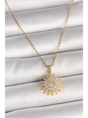 316L Çelik Gold Renk Zincir Zirkon Taşlı Güneş Model Kadın Kolye