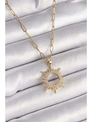  Altın  Zincir Zirkon Taşlı Güneş Model  Çelik Kolye