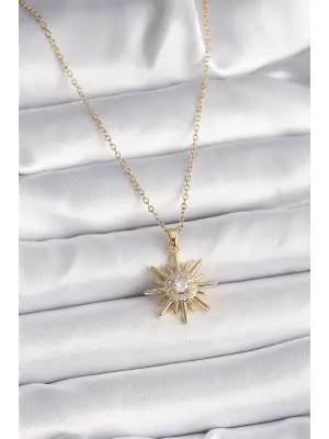  Altın  Zincir Zirkon Taşlı Güneş Model  Çelik Kolye