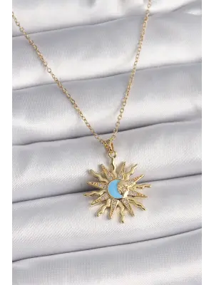  Altın  Zincir Zirkon Taşlı Güneş Model Mavi Ay İşleme  Çelik Kolye