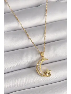  Altın  Zincir Zirkon Taşlı Hilal Model Yıldız Detay  Çelik Kolye