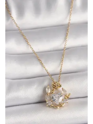  Altın  Zincir Zirkon Taşlı Kalp Model Gül Detay  Çelik Kolye