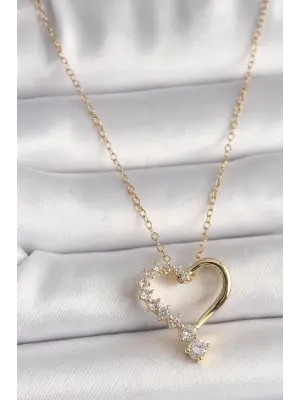  Altın  Zincir Zirkon Taşlı Kalp Model  Çelik Kolye