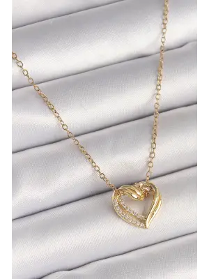 316L Çelik Gold Renk Zincir Zirkon Taşlı Kalp Model Kadın Kolye