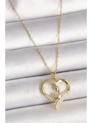  Altın  Zincir Zirkon Taşlı Kalp Model  Çelik Kolye