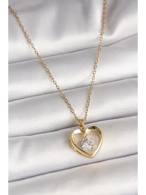316L Çelik Gold Renk Zincir Zirkon Taşlı Kalp Model Kadın Kolye