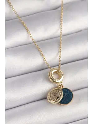  Altın  Zincir Zirkon Taşlı Kalp Model Mavi Simli  Çelik Kolye