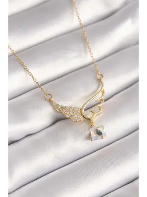  Altın  Zincir Zirkon Taşlı Kanat Model Sallantı Zirkon Taş Detay  Çelik Kolye