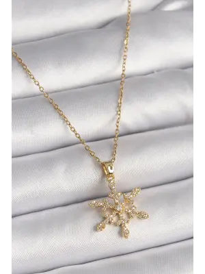 Altın Zincir Zirkon Taşlı Kar Tanesi Model Çelik Kolye