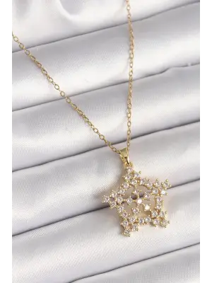 316L Çelik Gold Renk Zincir Zirkon Taşlı Kar Tanesi Model Kadın Kolye