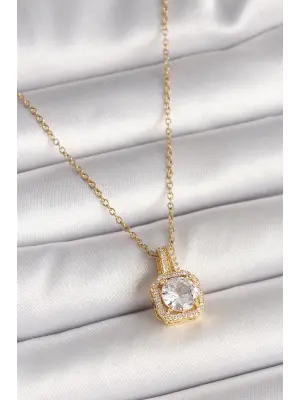 316L Çelik Gold Renk Zincir Zirkon Taşlı Kare Model Kadın Kolye