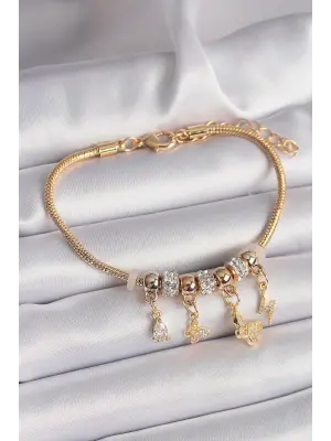 316L Çelik Gold Renk Zincir Zirkon Taşlı Kelebek Model Charm Bileklik