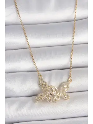 316L Çelik Gold Renk Zincir Zirkon Taşlı Kelebek Model Kadın Kolye