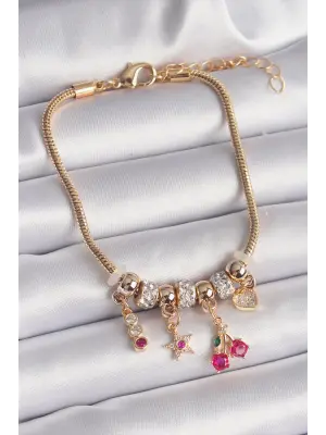 316L Çelik Gold Renk Zincir Zirkon Taşlı Kiraz Model Charm Bileklik