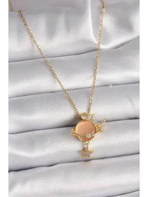  Altın  Zincir Zirkon Taşlı Krem  Mineli Gezegen Model  Çelik Kolye